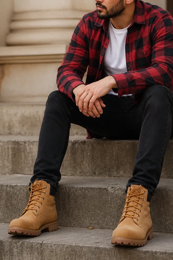 A close-to-mid shot shows a red-and-black plaid flannel layered over a plain white t-shirt, paired with dark skinny jeans and tan Timberland boots. The flannel is slightly untucked at the front, and the boots dominate the lower frame.