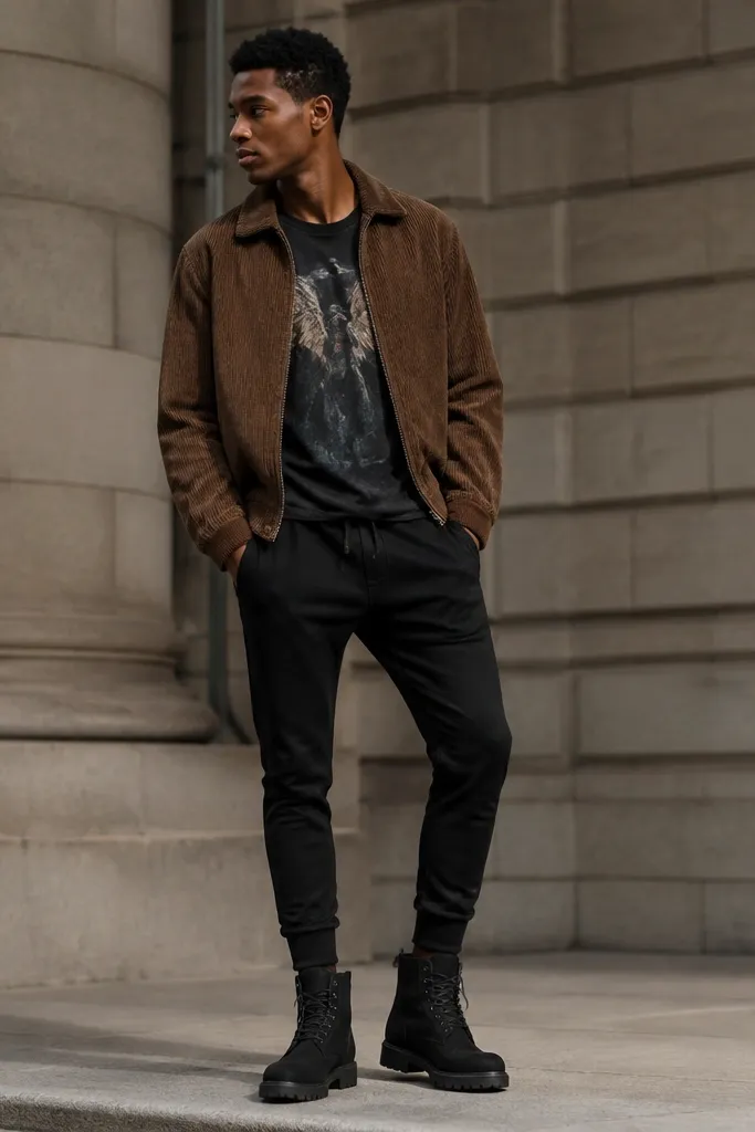 A streetwear-style outfit with black Timberland boots, a brown corduroy jacket, a dark graphic t-shirt, and fitted black joggers. The image shows a clean ankle line with the joggers tapered into the boots.