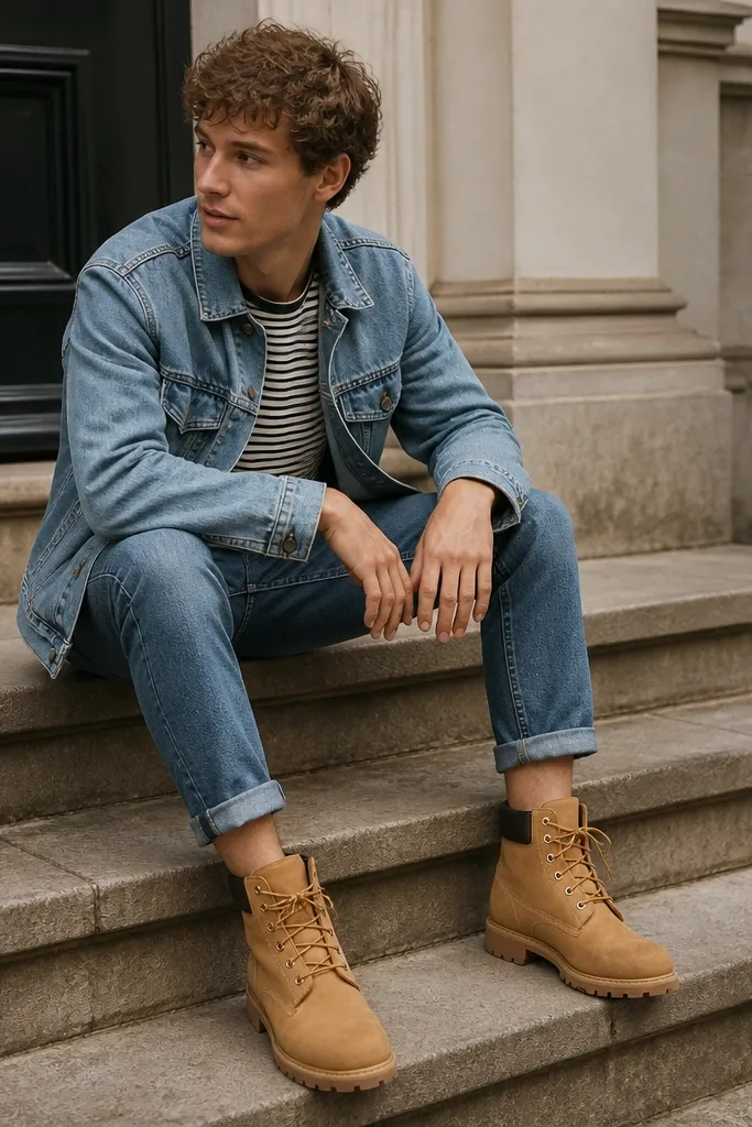 A layered street look featuring tan Timberland boots, a light blue denim jacket, a black-and-white striped t-shirt, and mid-wash jeans. The hem is slightly cropped so the boot shaft is clearly visible.