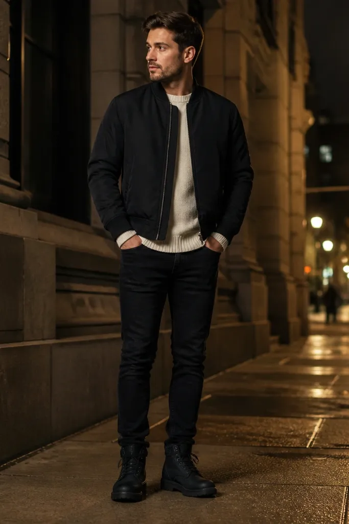 A nighttime street scene shows black Timberland boots with a black bomber jacket, a cream knit sweater, and slim dark denim. The bomber is zipped partway, and the sweater peeks at the hem and cuffs.