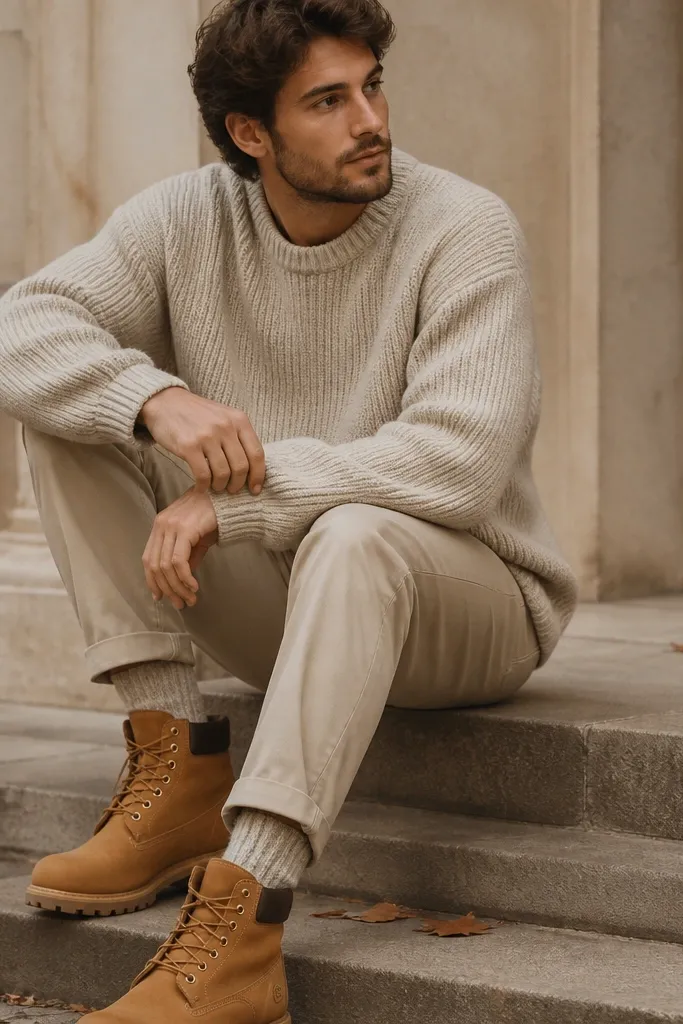 A cozy streetwear image: tan Timberland boots, an oversized oatmeal knit sweater, tapered beige chinos, and visible knit socks peeking above the boot. The outfit looks relaxed with a clean, neutral palette.