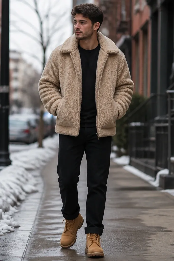 A winter street outfit shows a tan sherpa jacket, a simple black t-shirt, black straight-leg jeans, and tan Timberland boots. The sherpa collar frames the neck and the jeans sit cleanly over the boot.