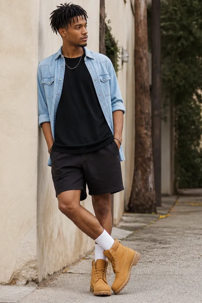 A warm-weather street look: tan Timberland boots, a light denim shirt worn open over a black layered t-shirt, and dark shorts. The socks are mid-calf and clearly visible above the boots.