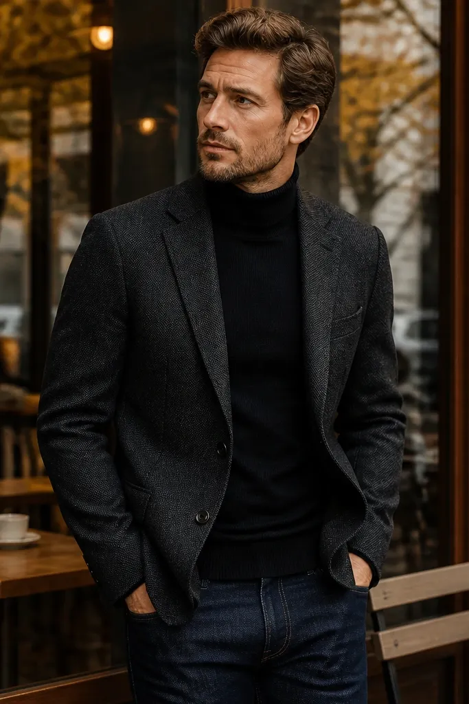 A man wears a charcoal wool-blend blazer with a black turtleneck and dark indigo jeans; he’s standing in front of a café window with warm autumn lighting.