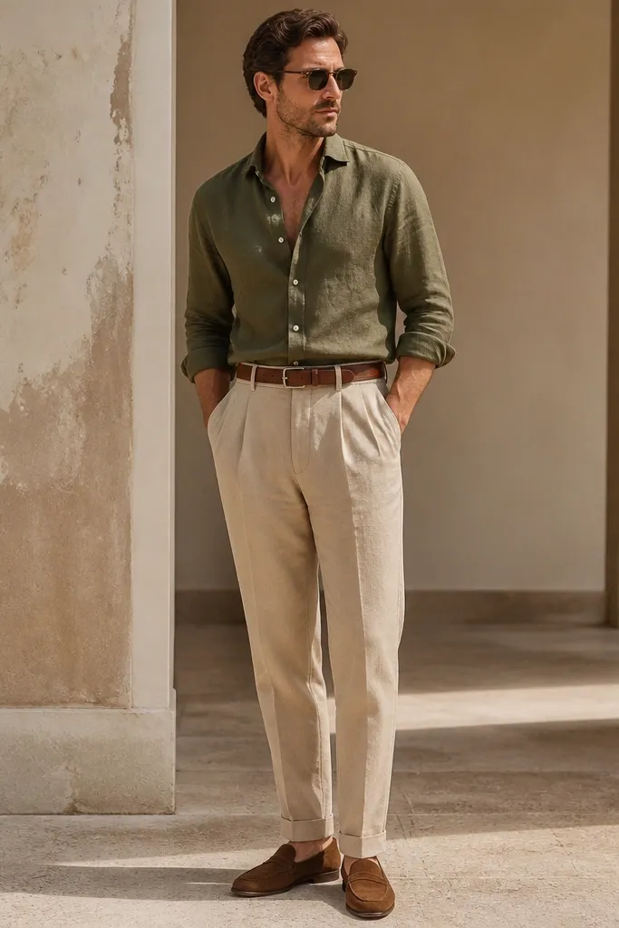 A man wears an olive linen button-down slightly unbuttoned at the collar, tucked into beige pleated trousers with a cognac leather belt; he’s styled with brown suede loafers.