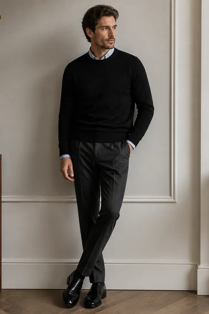 A man is photographed indoors wearing a black crewneck sweater over a light blue dress shirt, with the shirt collar visible, paired with tapered charcoal trousers and polished black shoes.