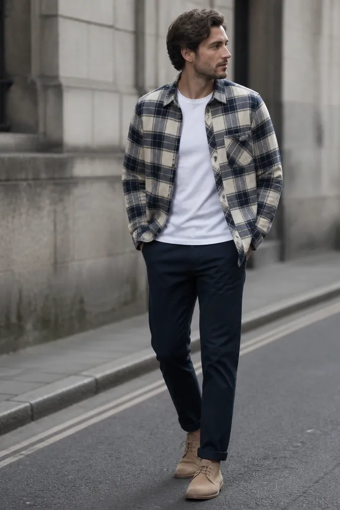 A man wears a checked flannel overshirt layered over a plain white tee, paired with navy chinos and tan suede desert boots; the background is a street scene with cool gray tones.