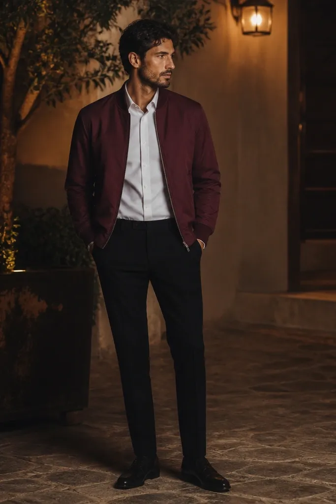 A man stands at night in a warmly lit setting wearing a burgundy bomber jacket over a white poplin shirt, paired with black tapered trousers and dark leather shoes.