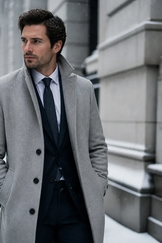 A man wears a light gray wool overcoat over navy suit separates, with a white dress shirt and a slim tie; he’s outside in snow-dusted street lighting.