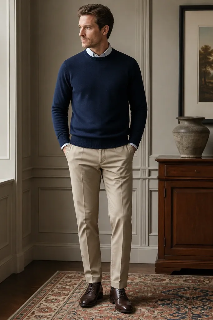 A man wears a midnight blue cashmere-blend sweater over a dress shirt with the collar showing, paired with chino-twill trousers and dark brown oxford shoes indoors.