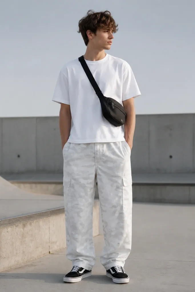 White camo pants with a plain white t-shirt, black crossbody bag, and black-and-white skate shoes; the styling is minimal with a clean silhouette.