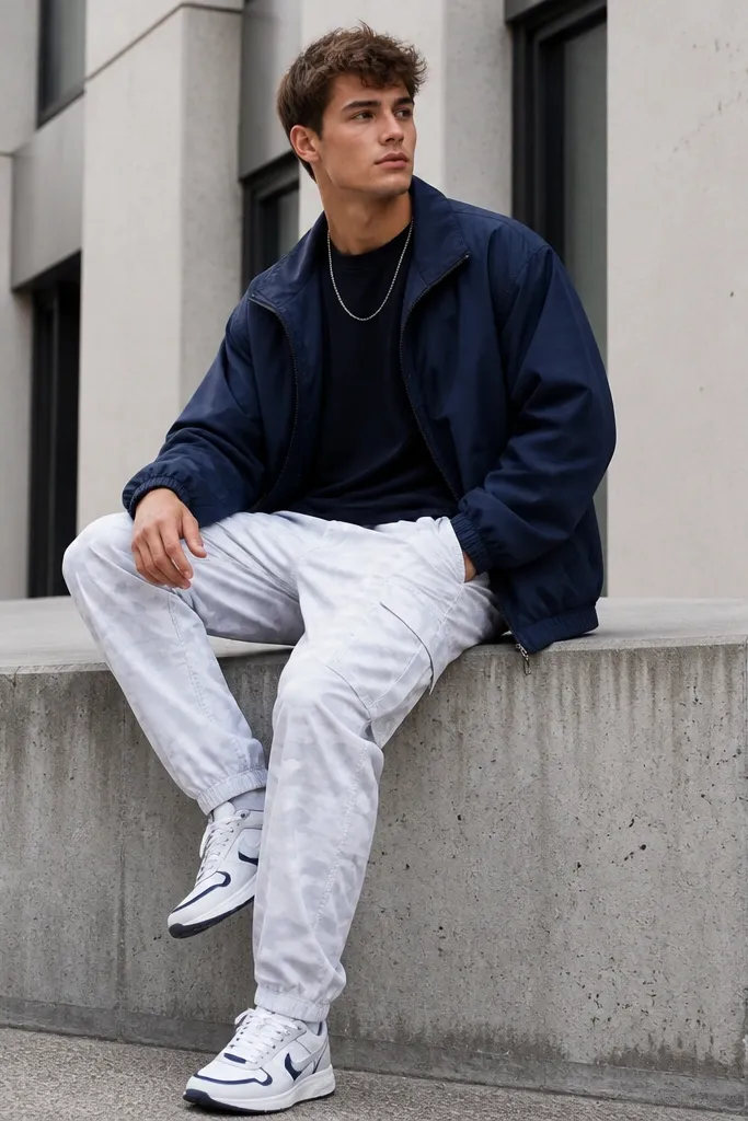 A sporty look: white camo pants with a navy windbreaker jacket, white athletic sneakers with navy accents, and a thin silver chain necklace; shot in an urban setting.