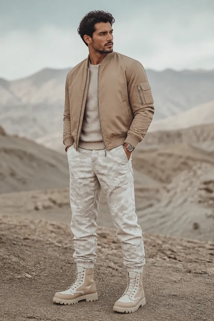 White camo pants under a tan bomber jacket, paired with white-and-beige desert boots and a simple watch; the photo shows a mid-calf stance.