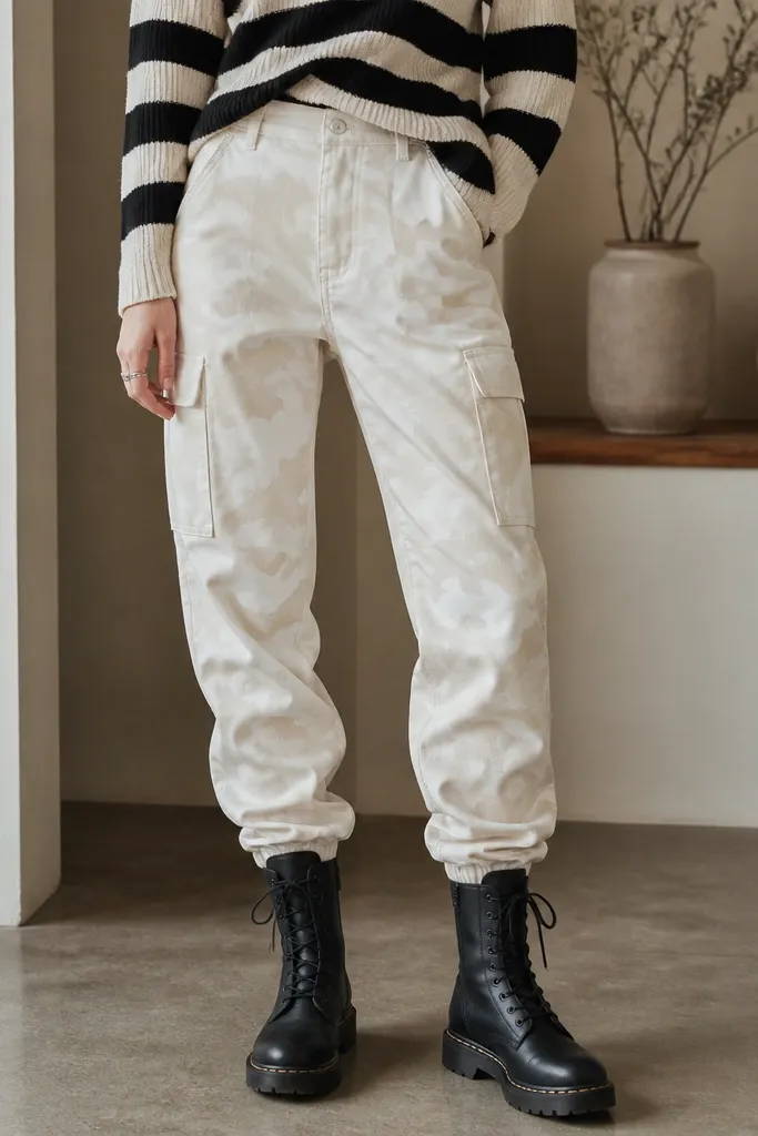 White camo pants styled with a black-and-white striped sweater, black lace-up boots, and minimal stacking rings; the shot emphasizes the torso-to-shoe transition.