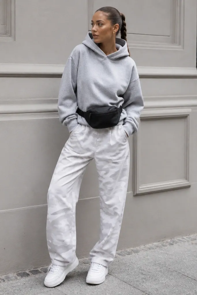 White camo pants with a heather gray hoodie, paired with black belt bag around the waist and white sneakers; the photo is casual and street-style.