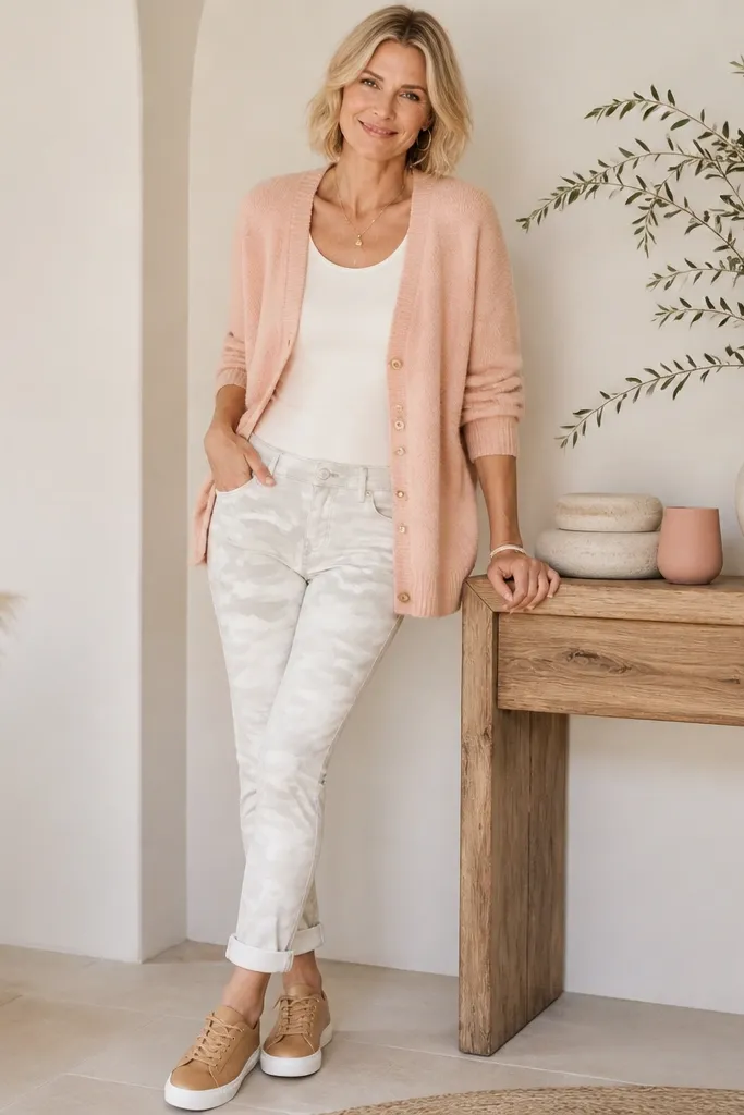 A pastel cardigan (soft sage or pale pink) over a light top, white camo pants, and tan leather sneakers; the photo shows a gentle, airy color palette.