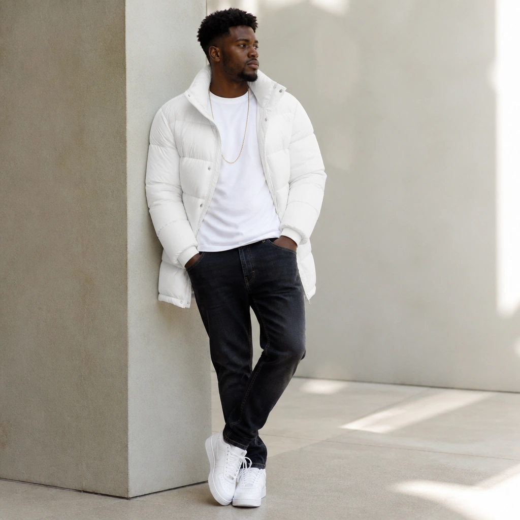 A person in a white mid-length puffer jacket layered over a plain white crew tee, with dark-wash jeans and a long gold chain necklace visible over the jacket opening. White sneakers complete the look.