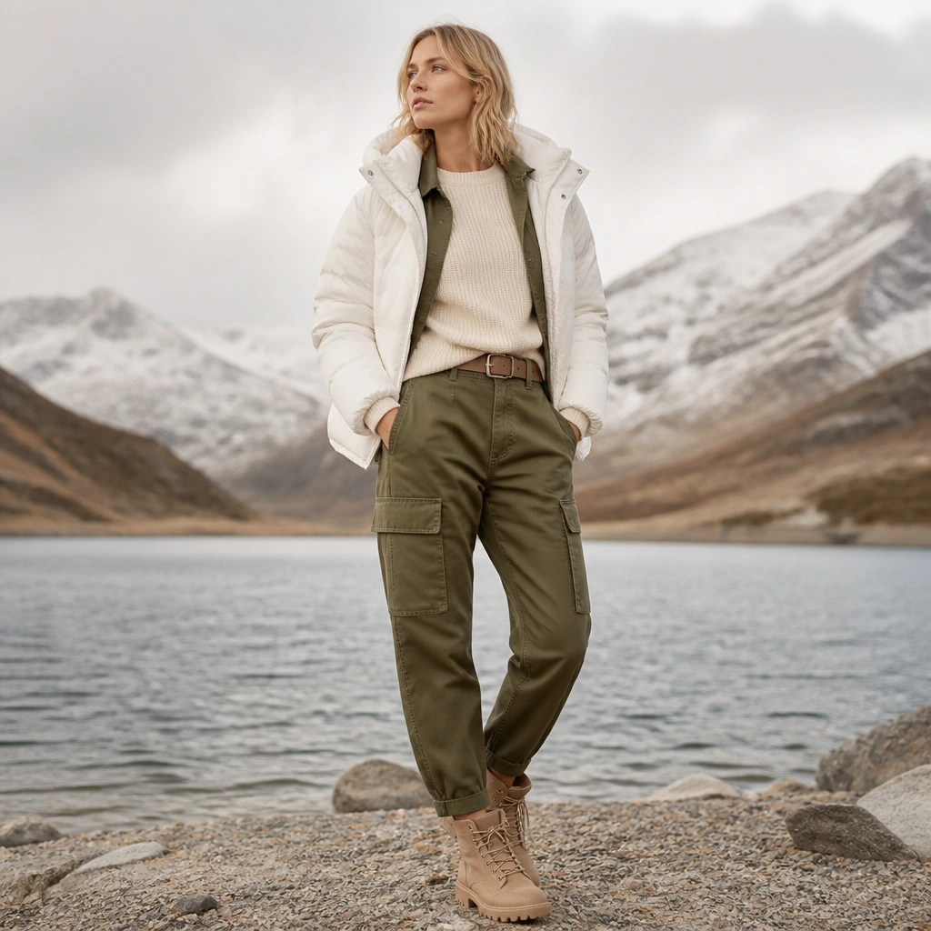 A model wearing a white puffer jacket with an olive green utility pant set, layered over a cream knit sweater. The outfit includes a taupe belt and tan lace-up boots.