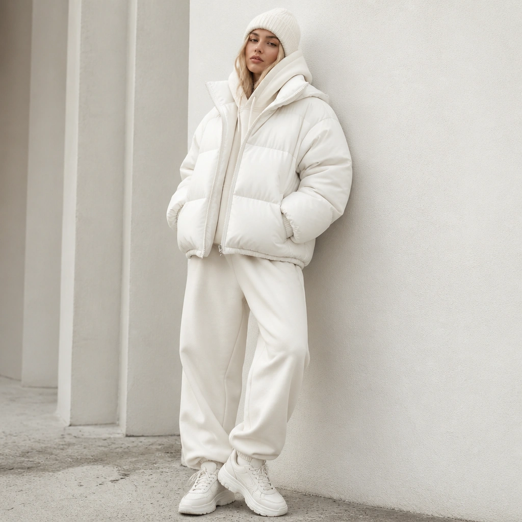 A person wearing a white puffer jacket with off-white sweatpants and chunky white sneakers. The look is monochrome with a beanie and oversized hoodie visible at the collar.