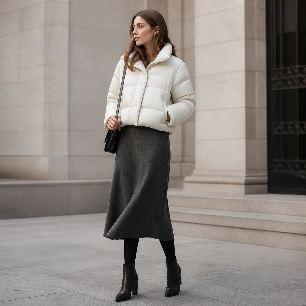 A woman in a white puffer jacket over a charcoal midi skirt, paired with black opaque tights and heeled black ankle boots. A small black bag sits at her side.