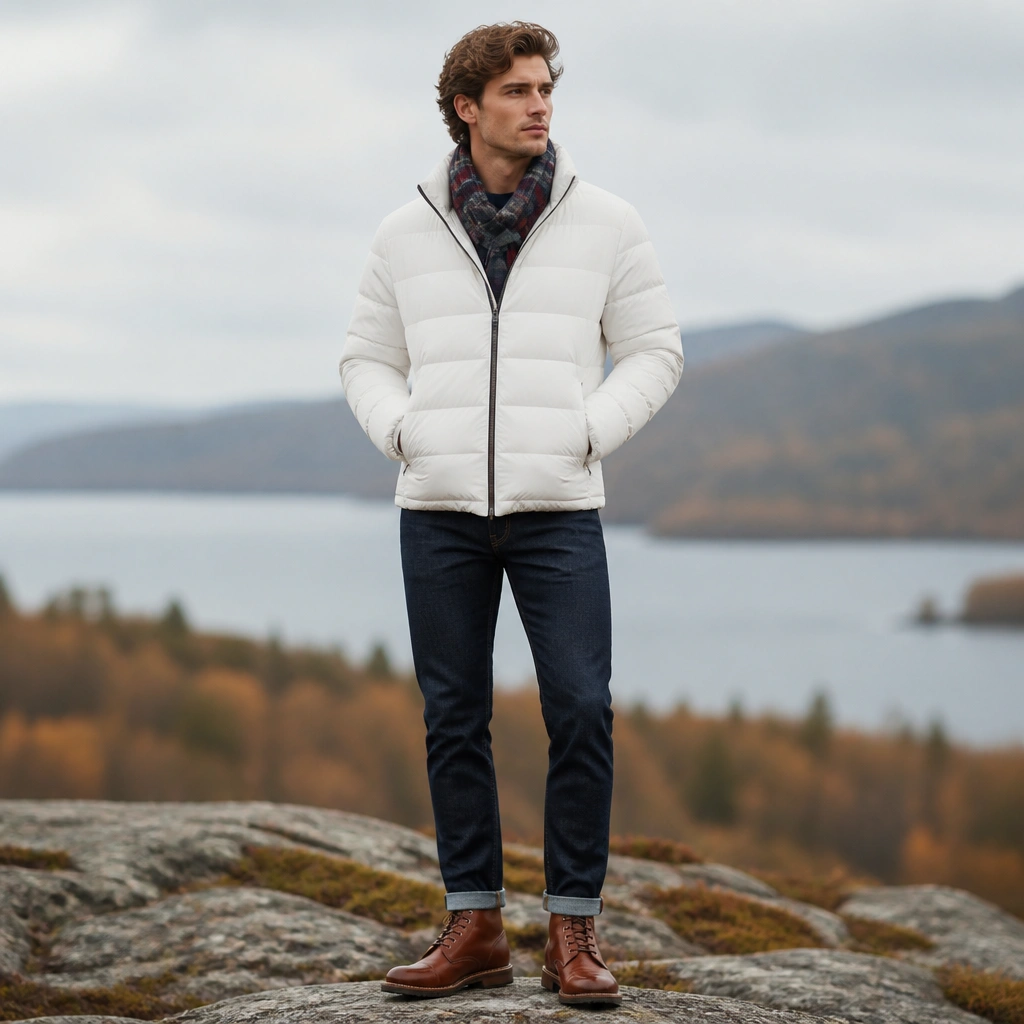 A person wearing a white puffer jacket with a navy button-up shirt peeking at the collar, navy jeans, a plaid scarf tucked at the neck, and cognac leather boots.