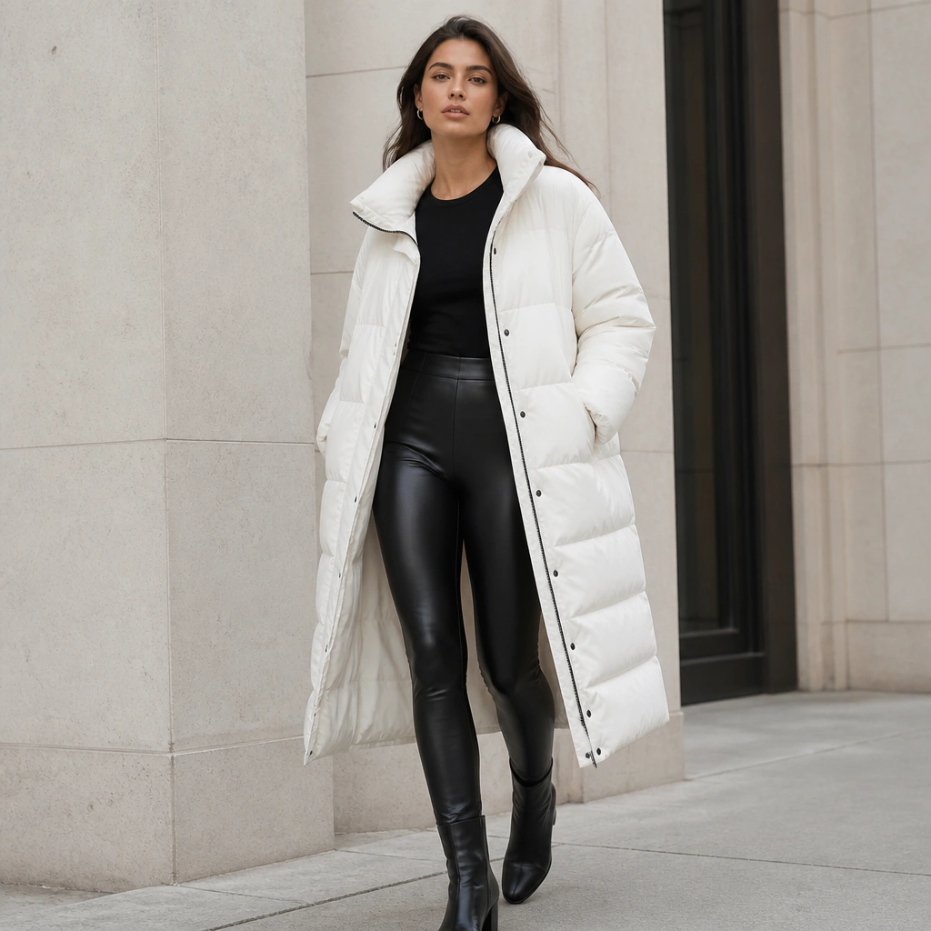 A model wearing a longline white puffer jacket over black leather-look leggings, with a fitted black top and small silver hoop earrings. The look includes sleek black boots.