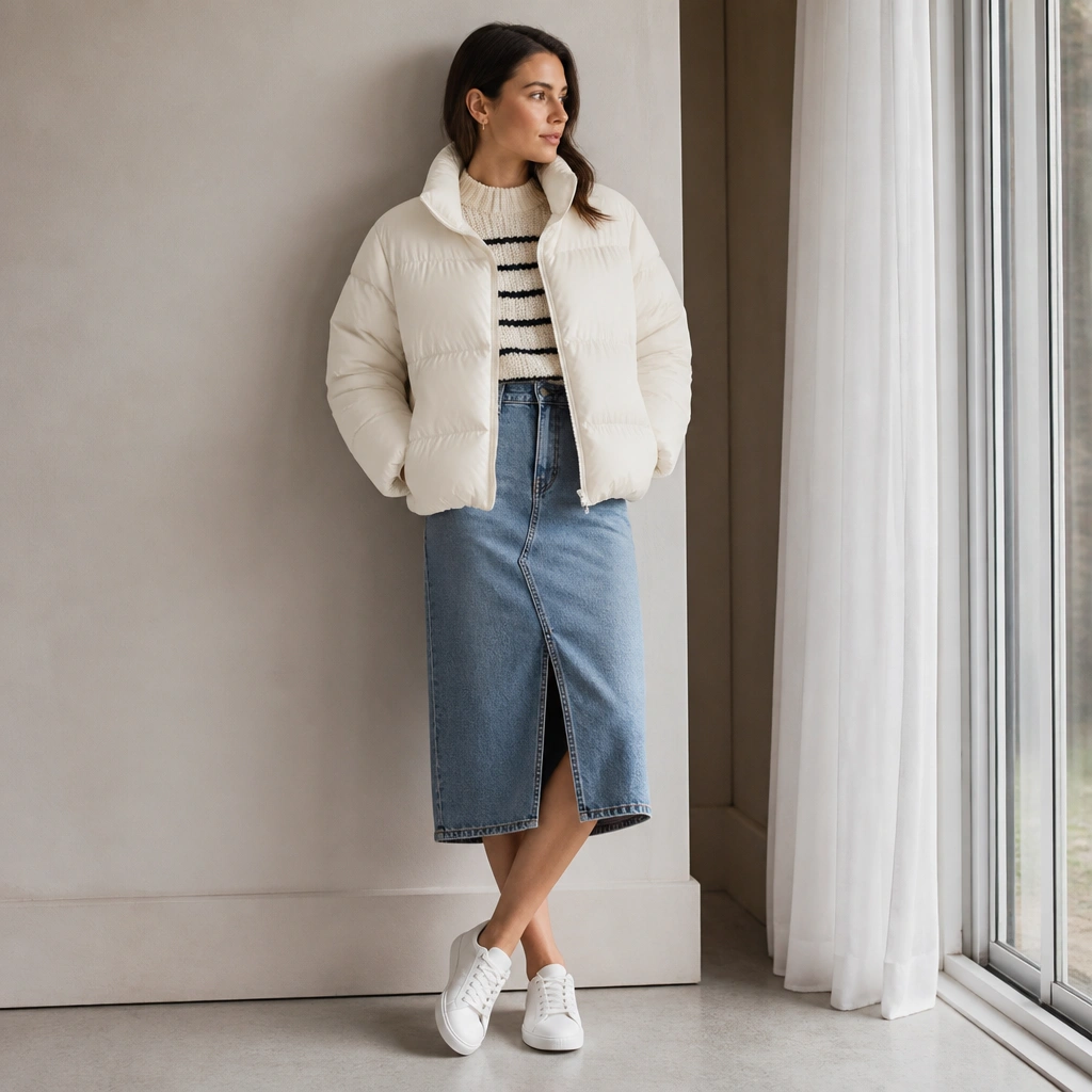 A woman wearing a white puffer jacket with a light blue denim skirt, a striped knit top underneath, and white sneakers. Her hair is tucked behind one ear, keeping the focus on the outfit.