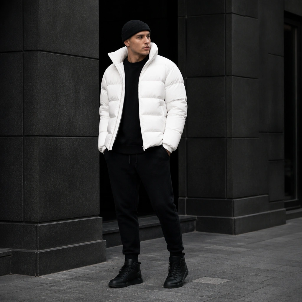 A person in a white puffer jacket styled over an all-black outfit: black sweater, black joggers, black beanie, and black high-top sneakers. The white jacket stands out sharply.