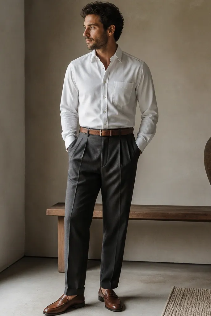 A white Oxford shirt worn with charcoal pleated trousers, a tan leather belt, and brown leather loafers; the shirt is neatly tucked with a slight break at the waist.
