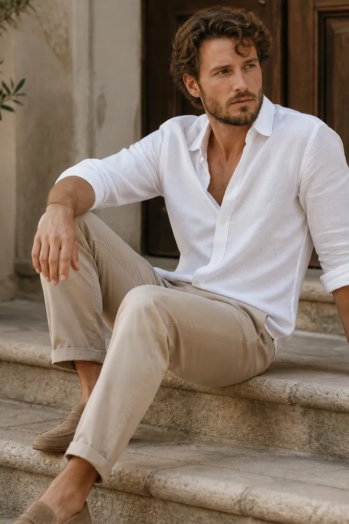 A white linen-cotton button-up paired with sand chinos and suede loafers in a light tan tone; the outfit is styled with a relaxed, slightly open collar.