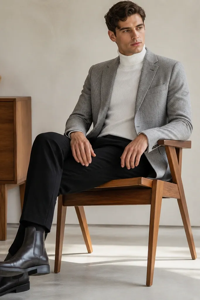 A model in a fitted white knit turtleneck under a light gray blazer, paired with black trousers and dark leather Chelsea boots; the collar is snug and clean.