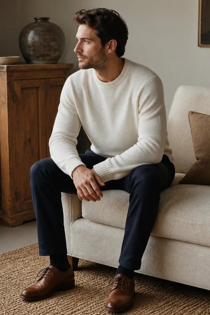 A white crewneck sweater over a clean neckline, worn with navy chinos and brown leather derby shoes; the outfit looks tidy and layered.