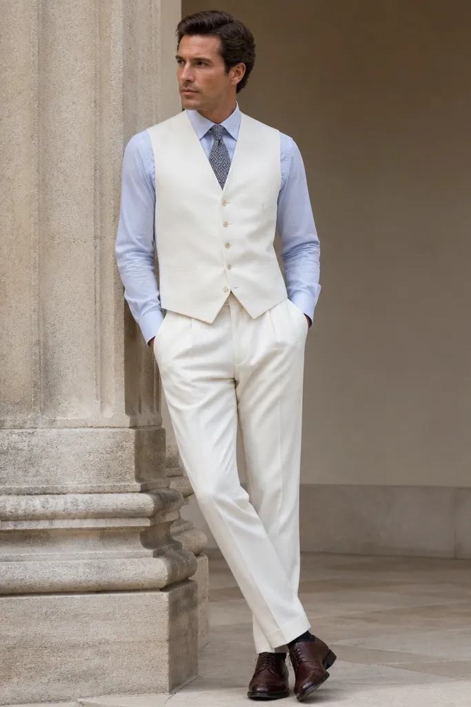A structured white waistcoat over a light blue dress shirt, paired with off-white trousers; the model has a neat tie knot and polished dress shoes.