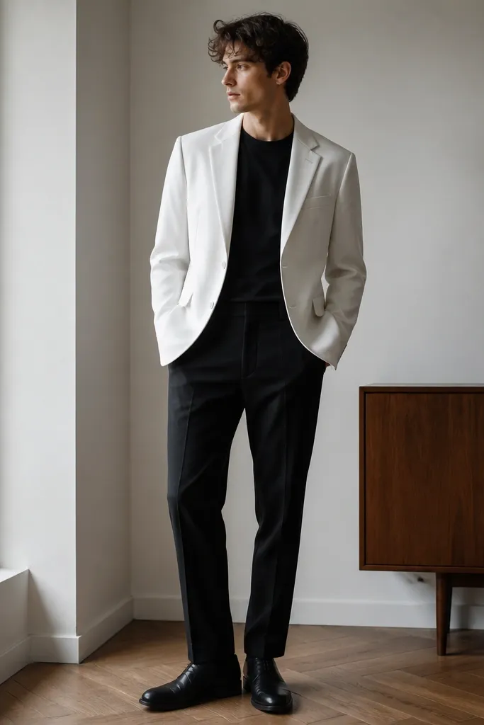A crisp white blazer worn over a black crewneck tee, paired with tailored black trousers and minimal black leather shoes; the blazer sleeves are clean and unwrinkled.