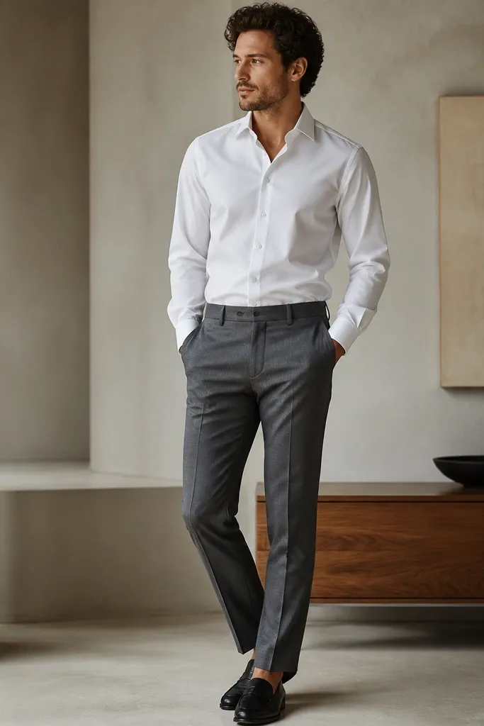 A white dress shirt tucked into gray suit trousers with a subtle texture, finished with black loafers; no jacket, just clean tailoring.