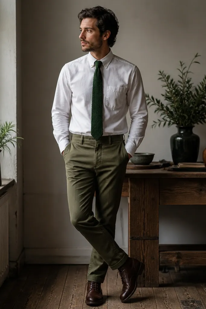 A white button-down tucked into olive chinos, topped with a dark green knit tie and brown boots; the tie texture is visible.