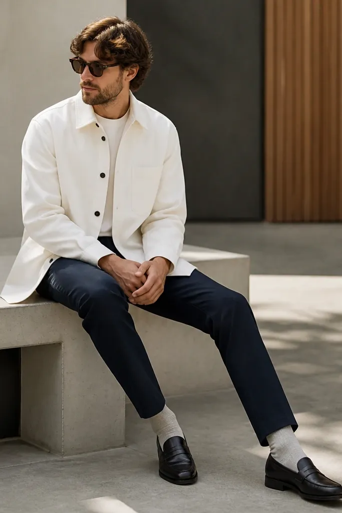 A white shirt jacket worn like a light overshirt with navy trousers and loafers; white-gray socks peek above the shoe line.