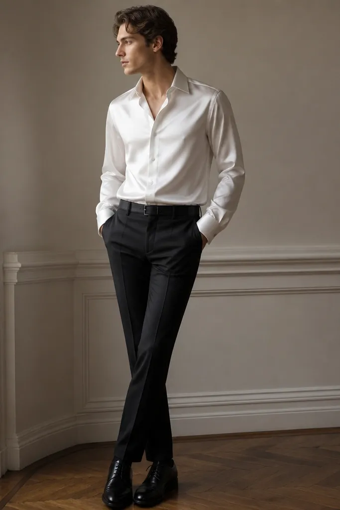 A white satin-blend shirt with a subtle sheen, tucked into black trousers with a minimal black belt and sleek black dress shoes; lighting makes the shirt glow softly.