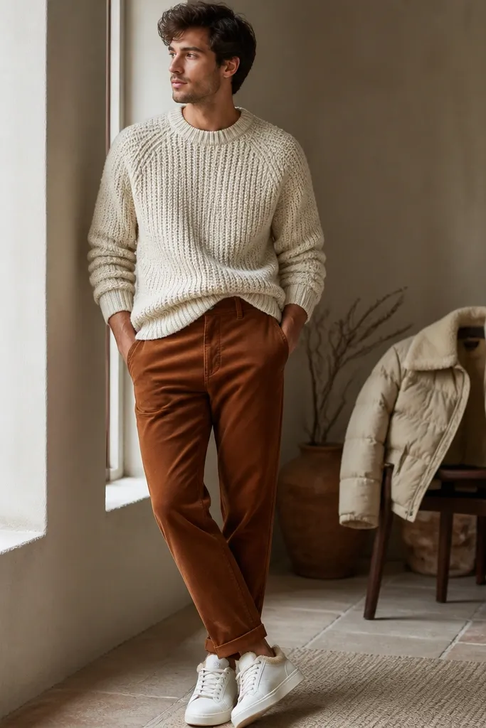 A casual winter scene: cream chunky knit sweater over rust-brown chinos, with a relaxed half-tuck at the waist. White shearling-lined sneakers and a cropped puffer jacket in warm beige are shown in the background.