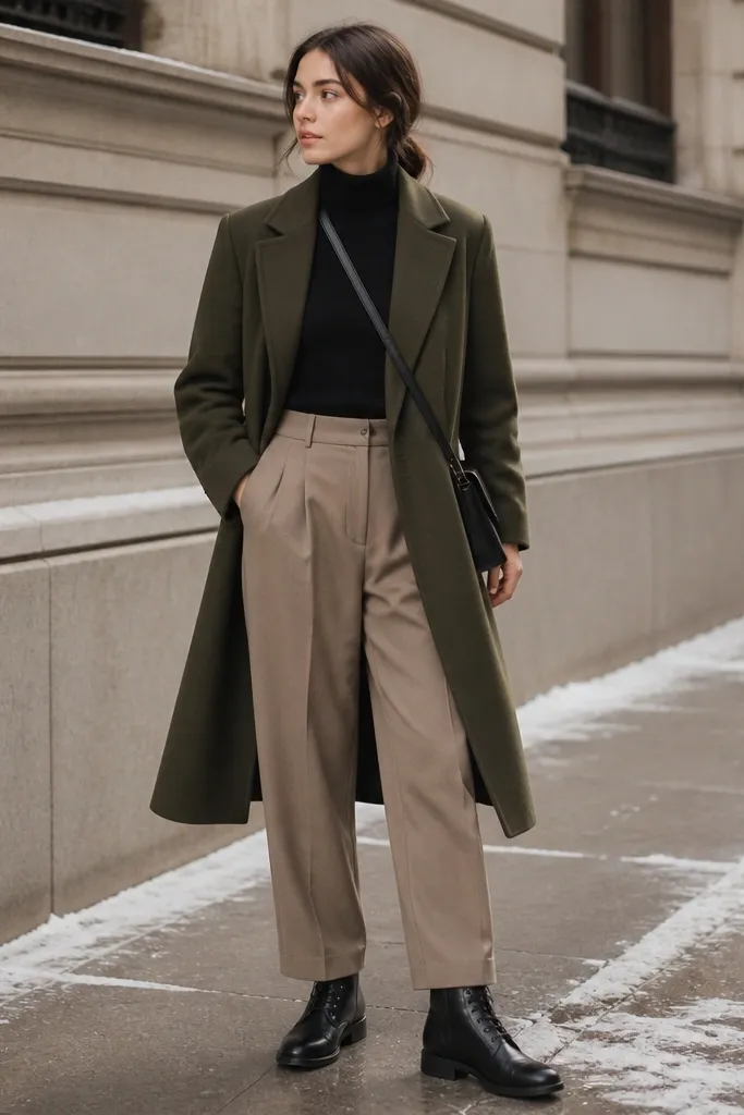 A polished winter outfit featuring an olive wool overcoat worn open over a black fitted knit turtleneck. Tan pleated trousers fall straight with clean lines, paired with black leather lace-up boots and a small crossbody bag.