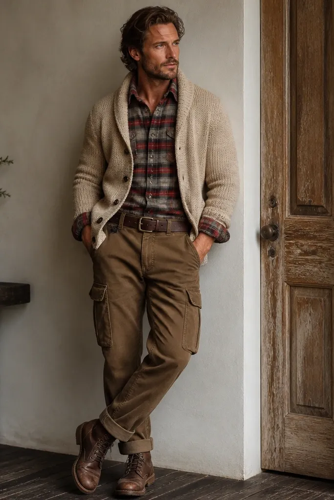 A layered outfit photo: biscuit cardigan worn over a red-and-gray plaid flannel, styled with medium-brown cargo pants. The look includes a brown belt, cuffed sleeves, and rugged lace-up boots.