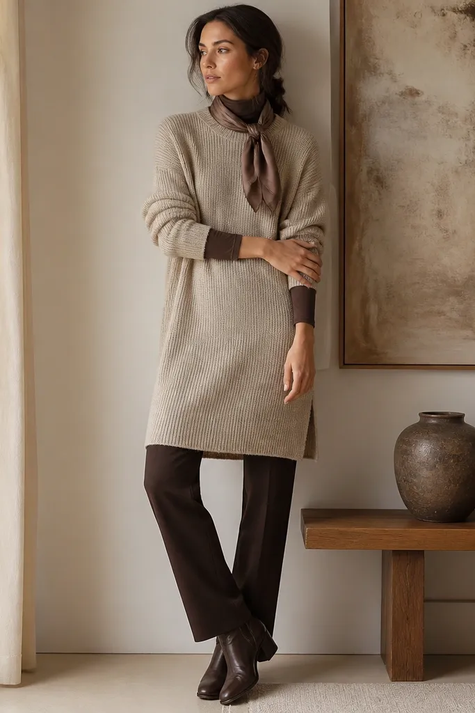 A fashion-forward layering shot: espresso-brown pants with a cozy oatmeal knit sweater dress worn over fitted base layers. A mocha satin scarf is tied at the neck, and ankle boots with a low heel are visible.