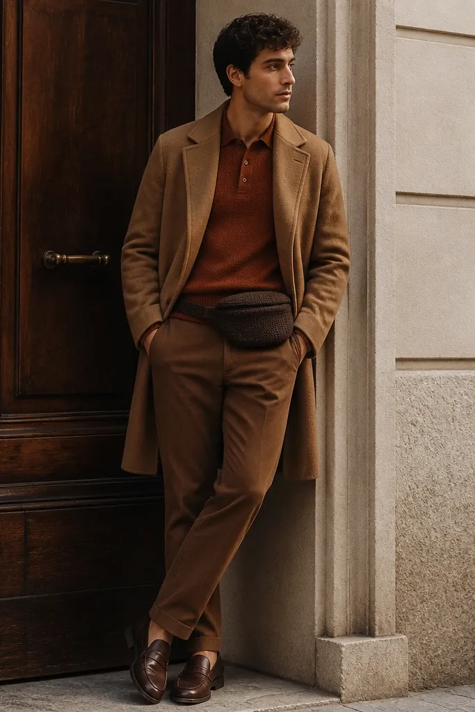 A smart-casual winter look: rust knit polo worn under a wool overcoat in camel, paired with cognac brown chinos. The collar is visible, and the outfit is finished with leather loafers and a knitted belt bag.