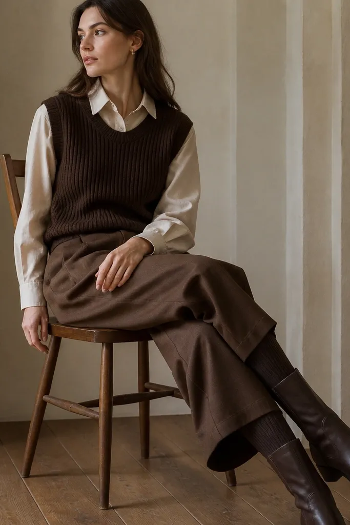 An outfit photo showing a chocolate ribbed sweater vest over an oatmeal button-up blouse. The wide-leg brown trousers have a soft drape, and the person wears knee-high socks with leather boots.