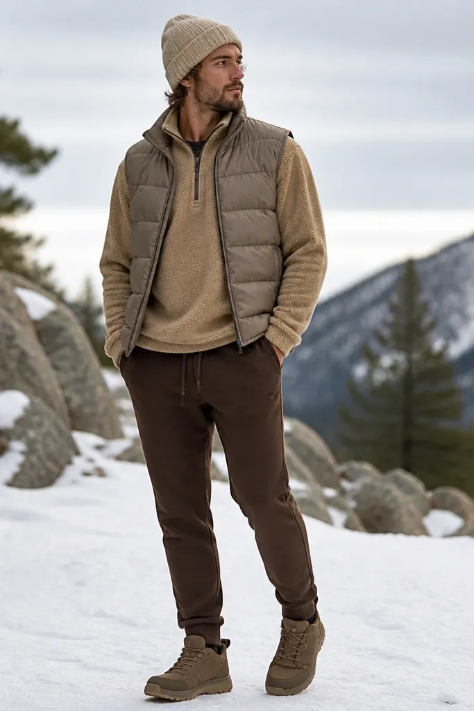 A winter casual outfit: warm brown joggers with a fleece quarter-zip in tan, layered under a lightweight puffer vest. A knit beanie and slip-on boots complete the look; fabric texture is emphasized.