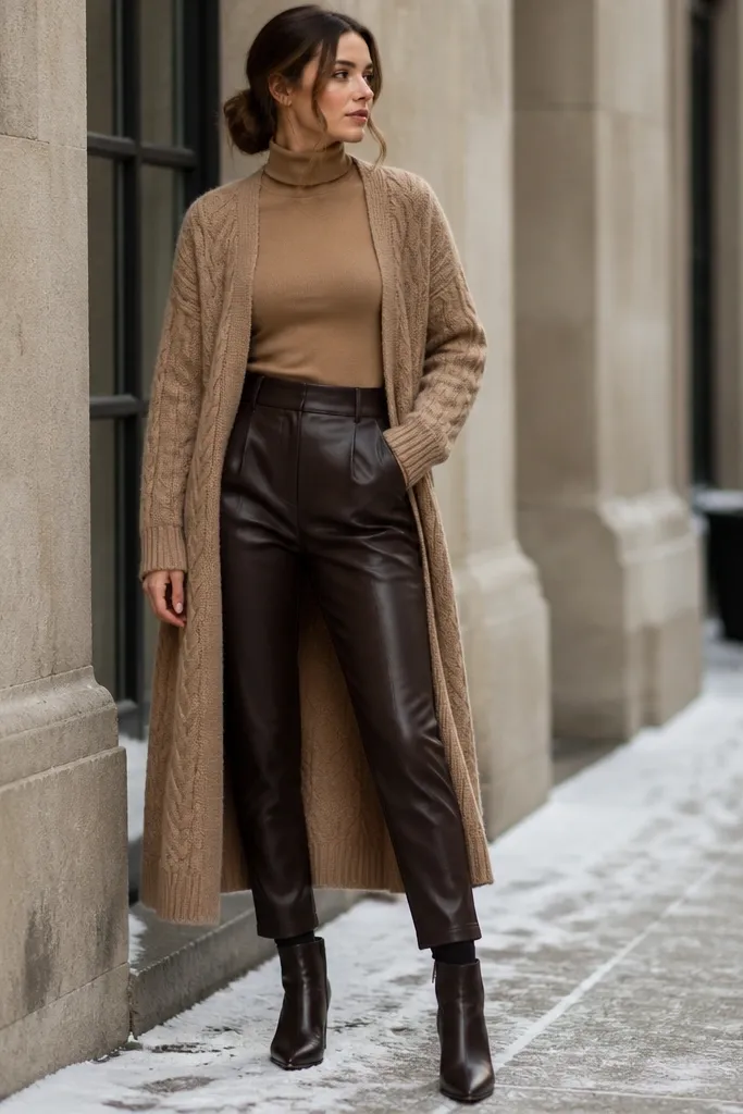 A sleek winter layering image: tan turtleneck tucked into espresso leather-look pants, with a long camel cardigan worn open. The outfit includes black tights and heeled ankle boots; the cardigan’s knit pattern is visible.
