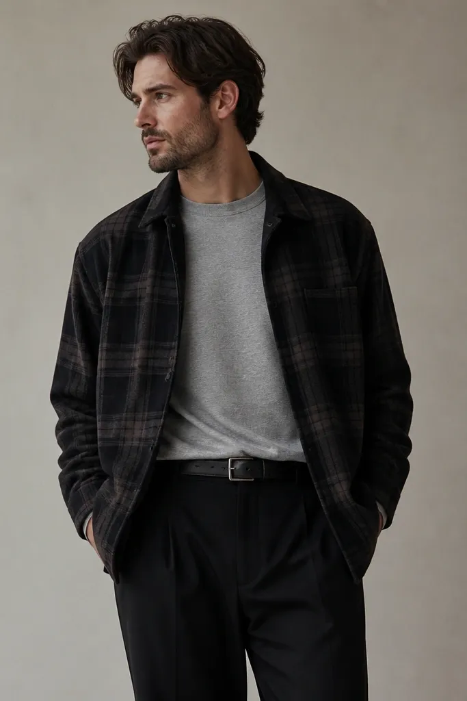 A black watch plaid flannel shacket worn open over a heather-gray long-sleeve shirt, with straight black trousers and a simple black belt; neutral background, winter styling.