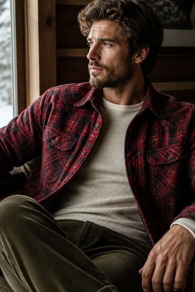 A red plaid flannel overshirt worn over a snug thermal base layer, paired with olive corduroy pants; the image shows visible cord texture and a cozy winter vibe.