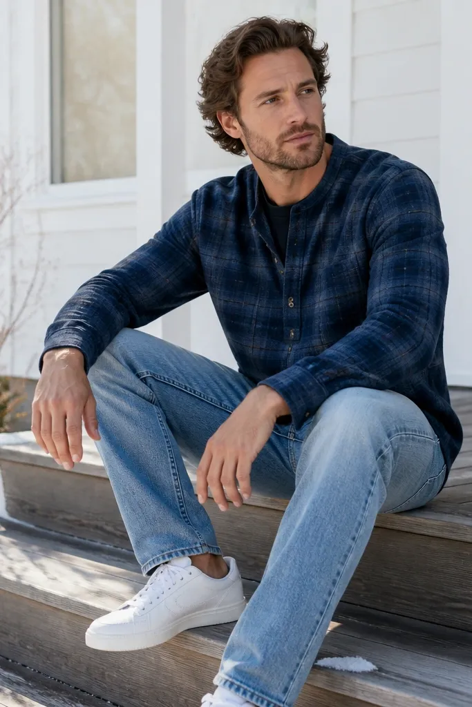 A navy flannel henley top layered over a darker tee, paired with light wash jeans and crisp white sneakers; bright winter daylight highlights the fabric weave.