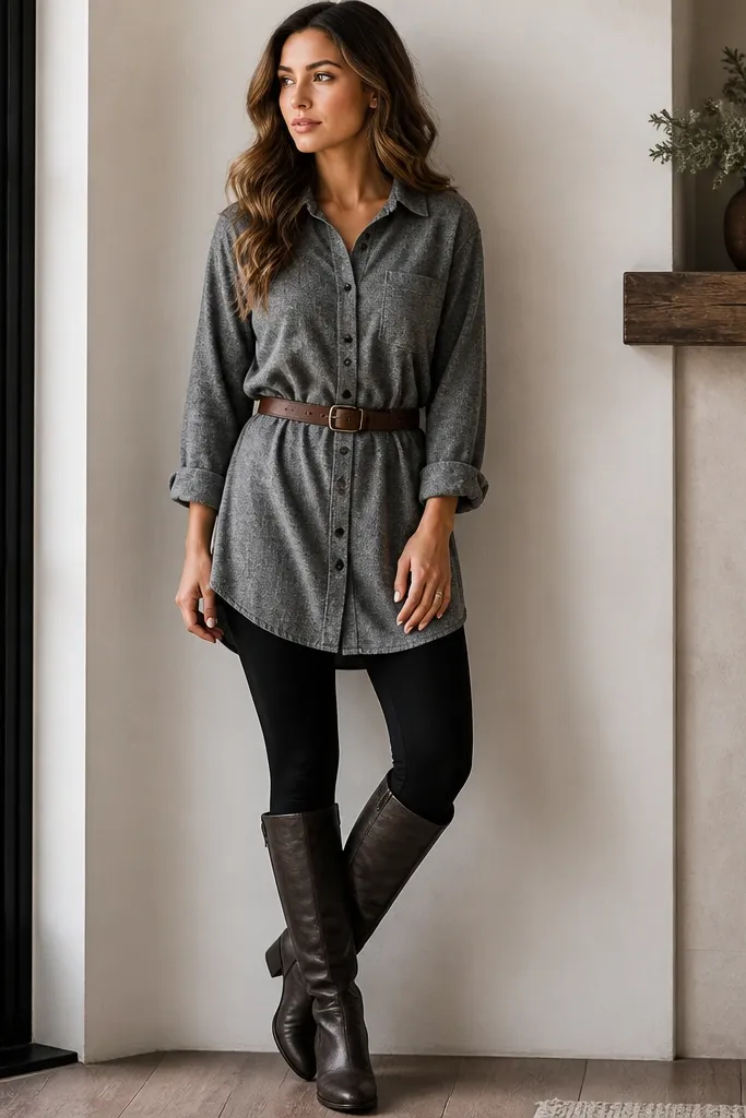 A heather gray flannel button-up worn as a longer layer over black leggings, with knee-high boots; the frame shows a slightly tunic-like length and belt detail.